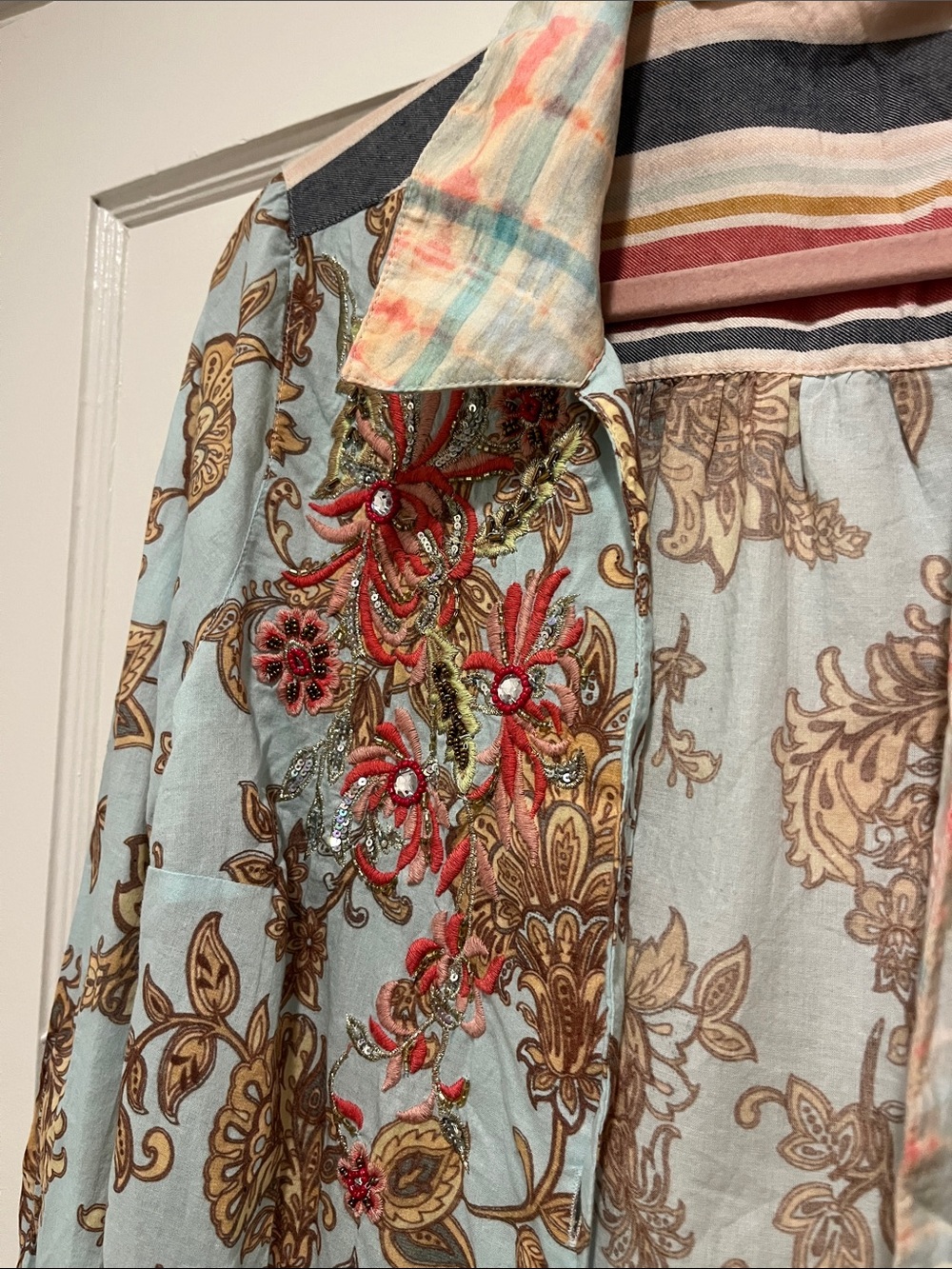 Soft Surroundings Embroidered Pastel Plaid & Stripe Mixed-Print Shirt - Picture 6 of 8
